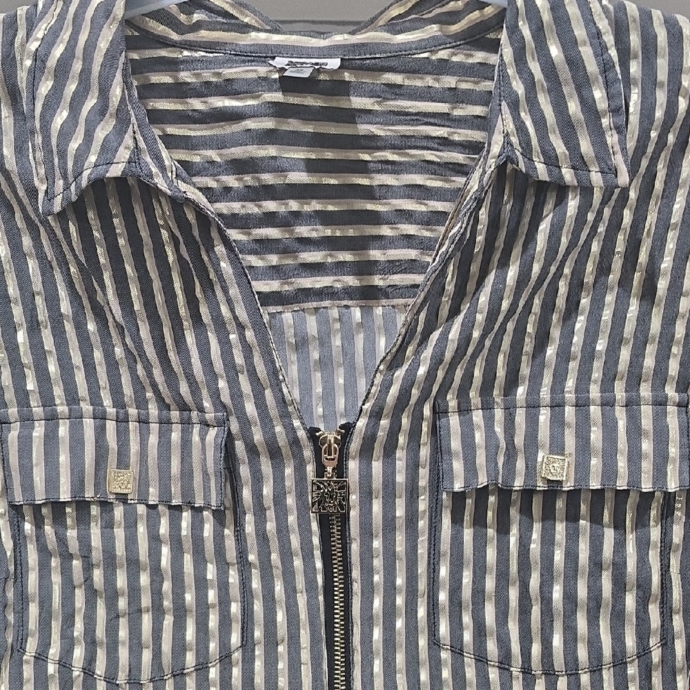 Anne Klein Blue and White Striped Zip-Front Blouse